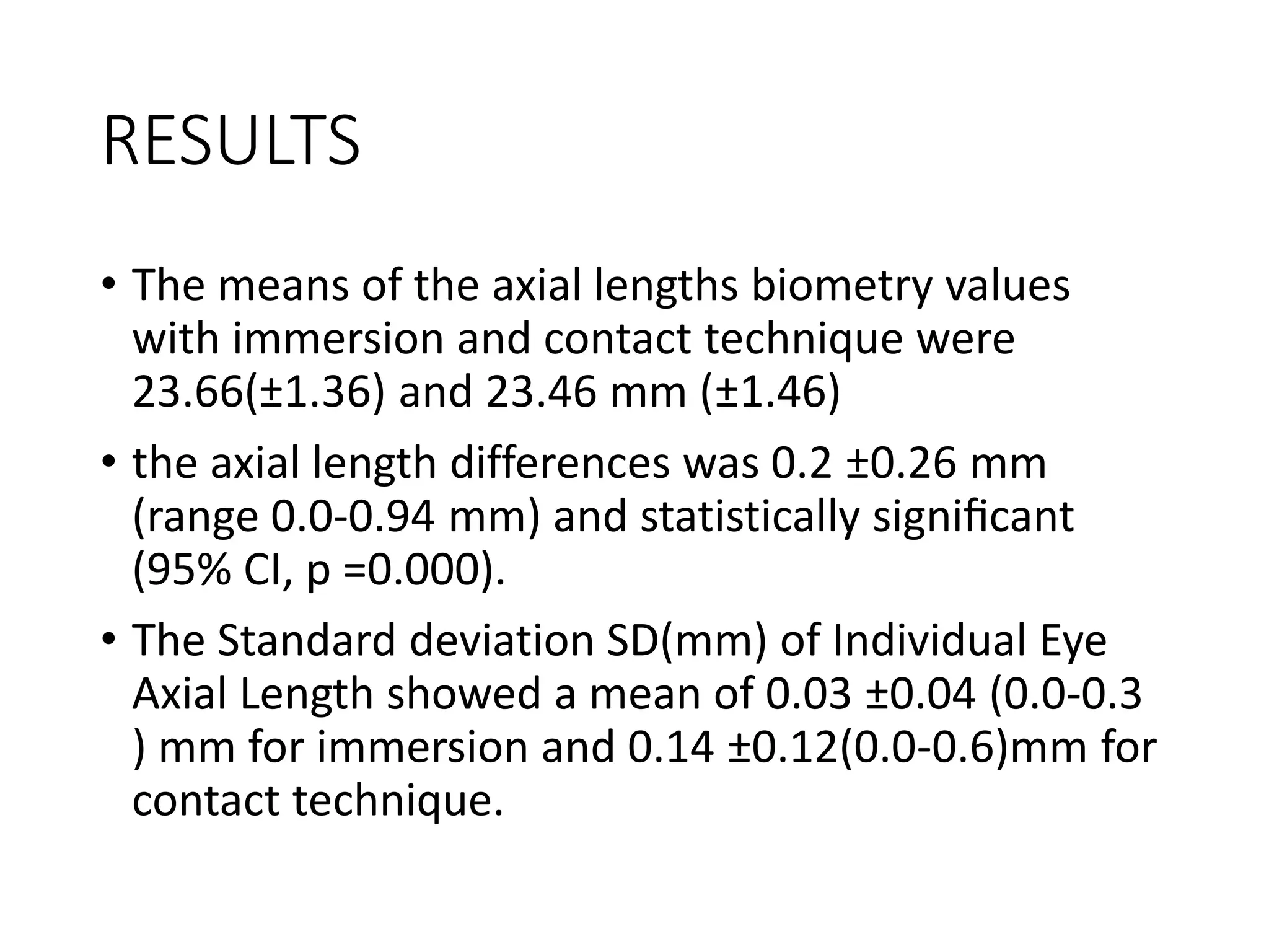 RESULTS
• The means of the axial lengths biometry values
with immersion and contact technique were
23.66(±1.36) and 23.46 mm (±1.46)
• the axial length differences was 0.2 ±0.26 mm
(range 0.0-0.94 mm) and statistically signiﬁcant
(95% CI, p =0.000).
• The Standard deviation SD(mm) of Individual Eye
Axial Length showed a mean of 0.03 ±0.04 (0.0-0.3
) mm for immersion and 0.14 ±0.12(0.0-0.6)mm for
contact technique.
 