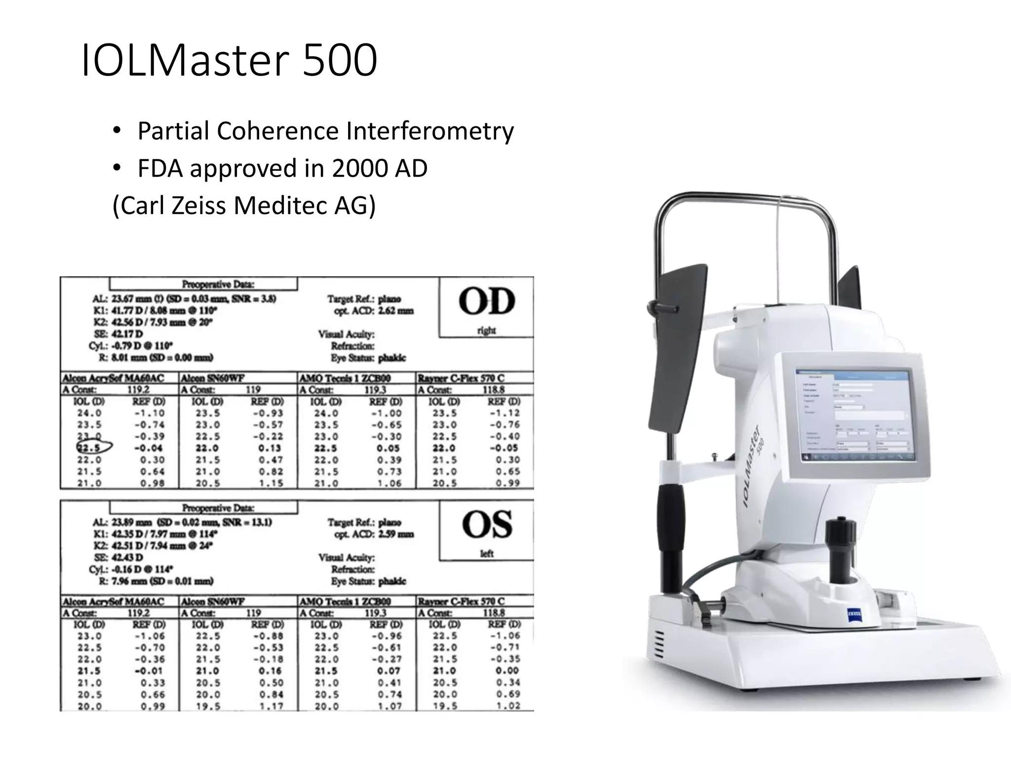 IOLMaster 500
• Partial Coherence Interferometry
• FDA approved in 2000 AD
(Carl Zeiss Meditec AG)
 