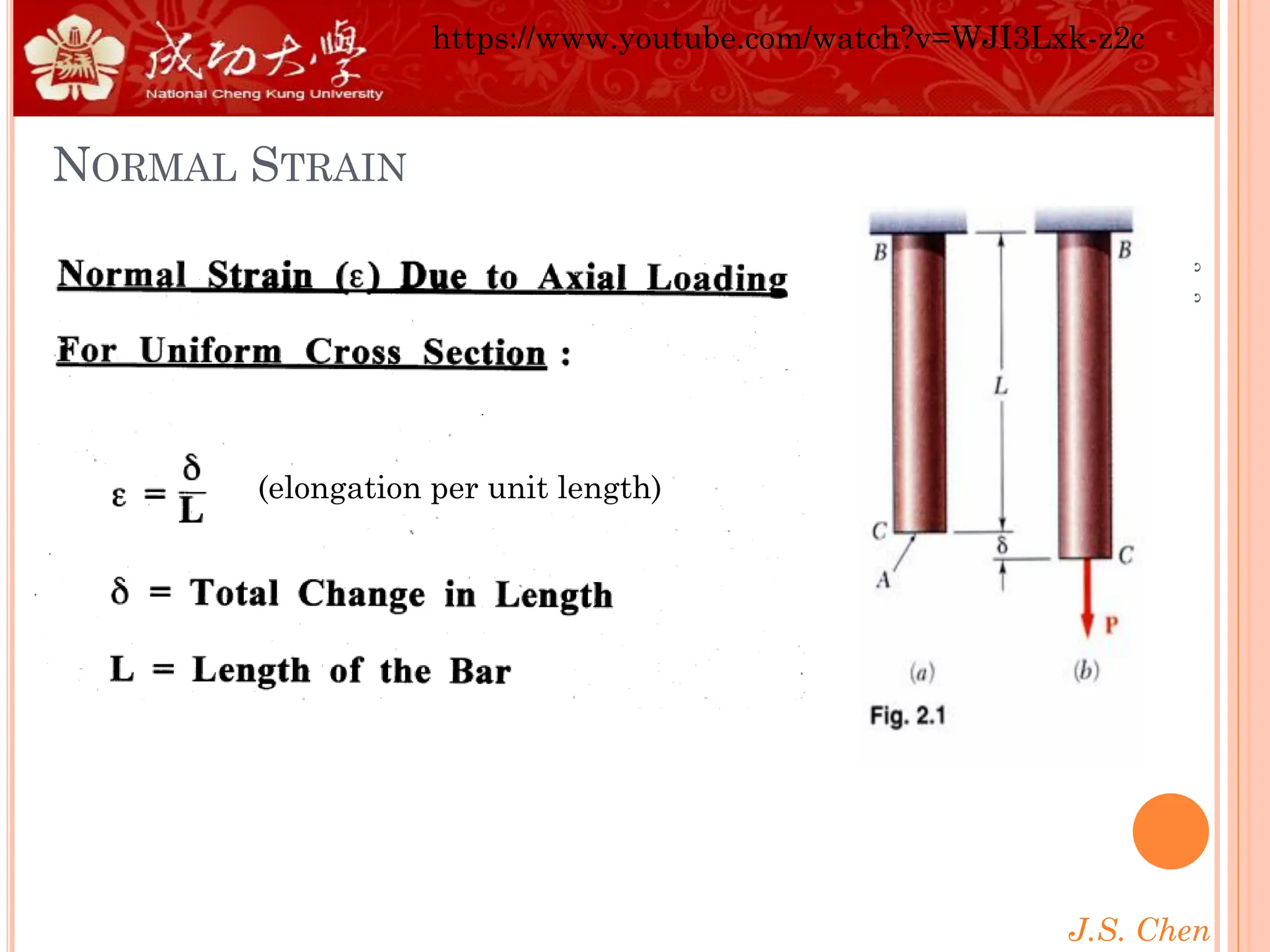 J.S. Chen
2
-
2
NORMAL STRAIN
(elongation per unit length)
https://www.youtube.com/watch?v=WJI3Lxk-z2c
 