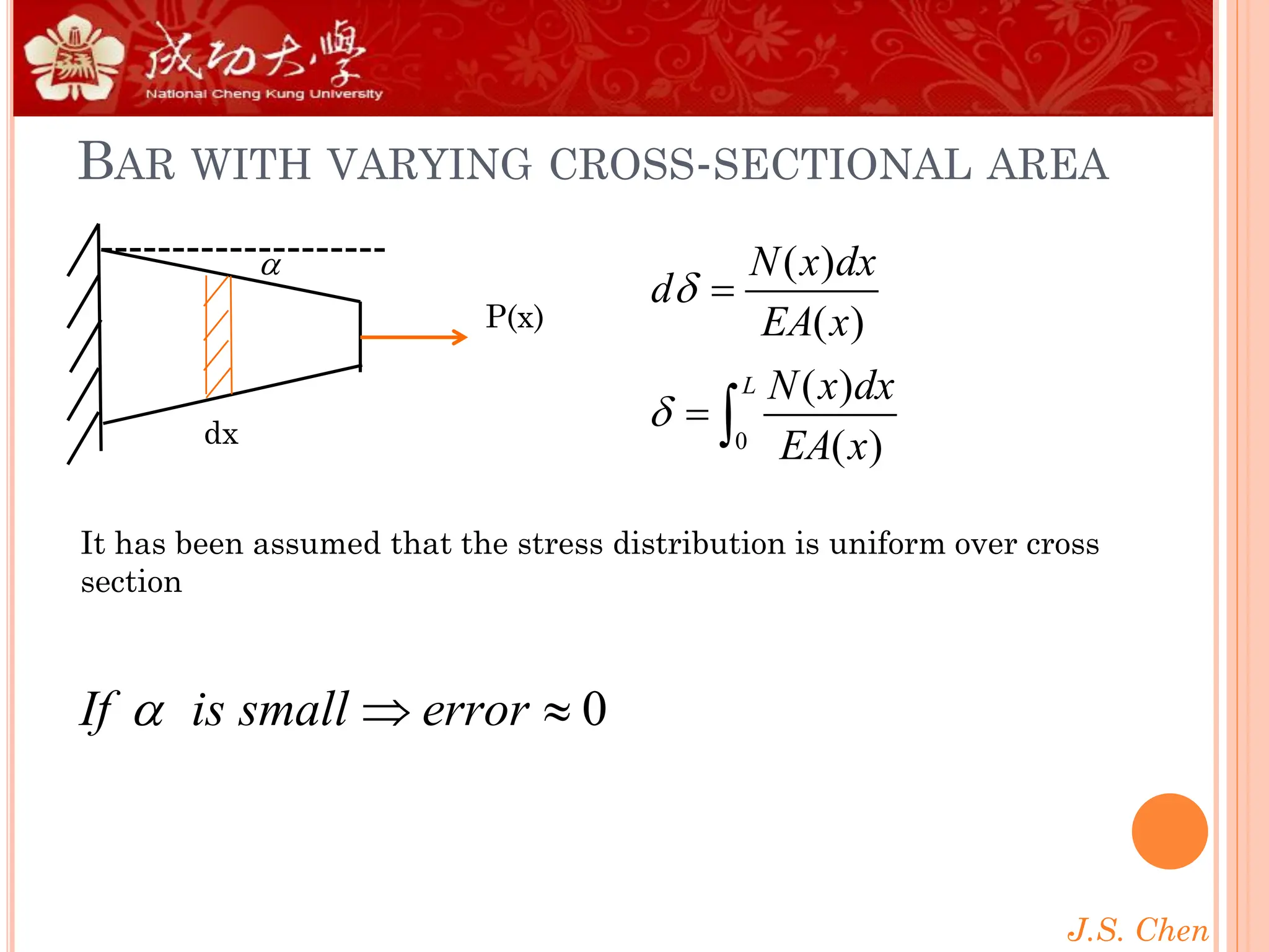 J.S. Chen
BAR WITH VARYING CROSS-SECTIONAL AREA
P(x)
dx 0
( )
( )
( )
( )
L
N x dx
d
EA x
N x dx
EA x


=
= 

0
If is small error
  
It has been assumed that the stress distribution is uniform over cross
section
 