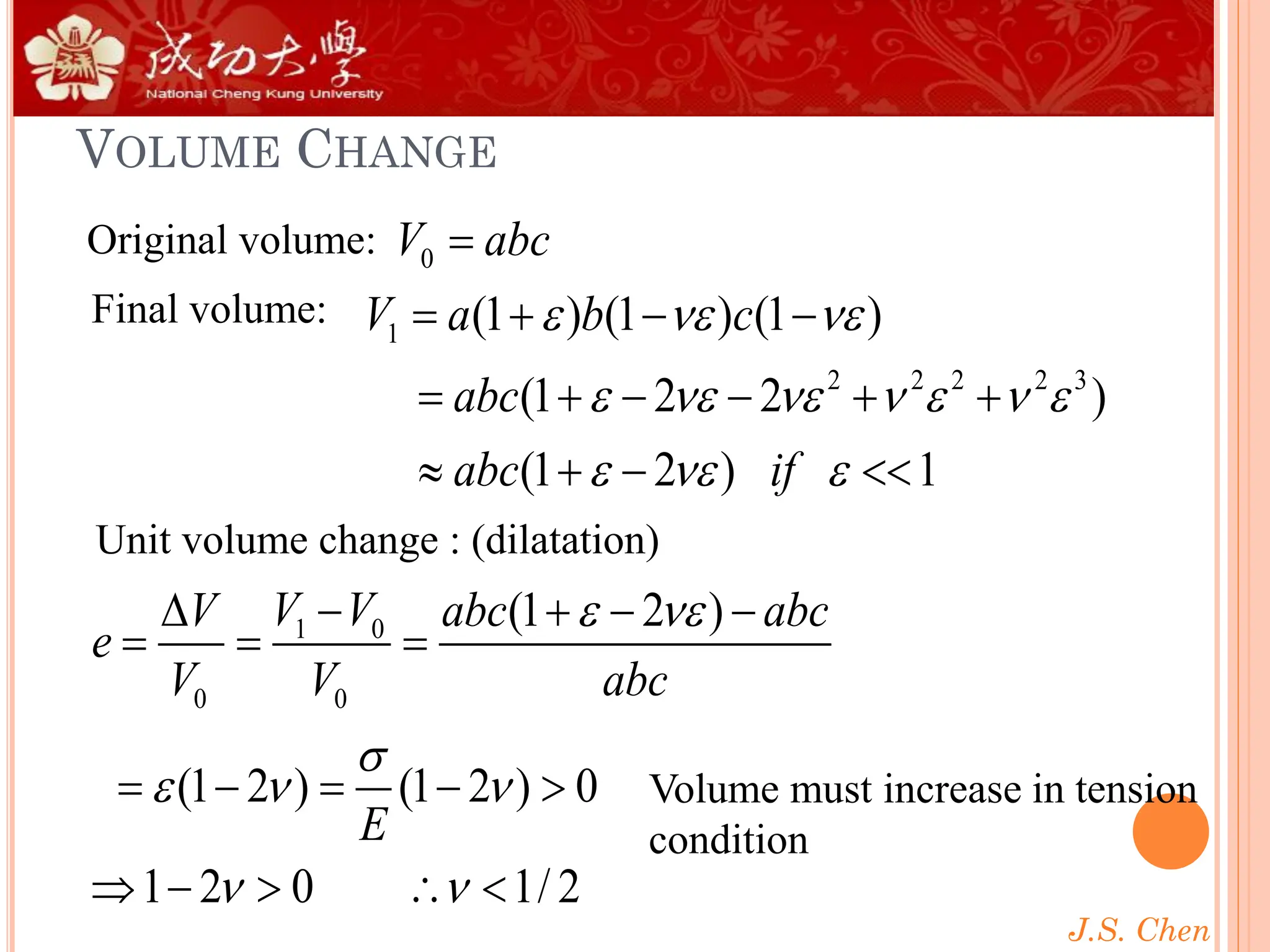 J.S. Chen
VOLUME CHANGE
1
2 2 2 2 3
(1 ) (1 ) (1 )
(1 2 2 )
(1 2 ) 1
V a b c
abc
abc if
  
      
  
= + − −
= + − − + +
 + − 
Original volume: 0
V abc
=
Final volume:
Unit volume change : (dilatation)
1 0
0 0
(1 2 )
(1 2 ) (1 2 ) 0
1 2 0 1/ 2
V V
V abc abc
e
V V abc
E
 

  
 
−
 + − −
= = =
= − = − 
 −   
Volume must increase in tension
condition
 
