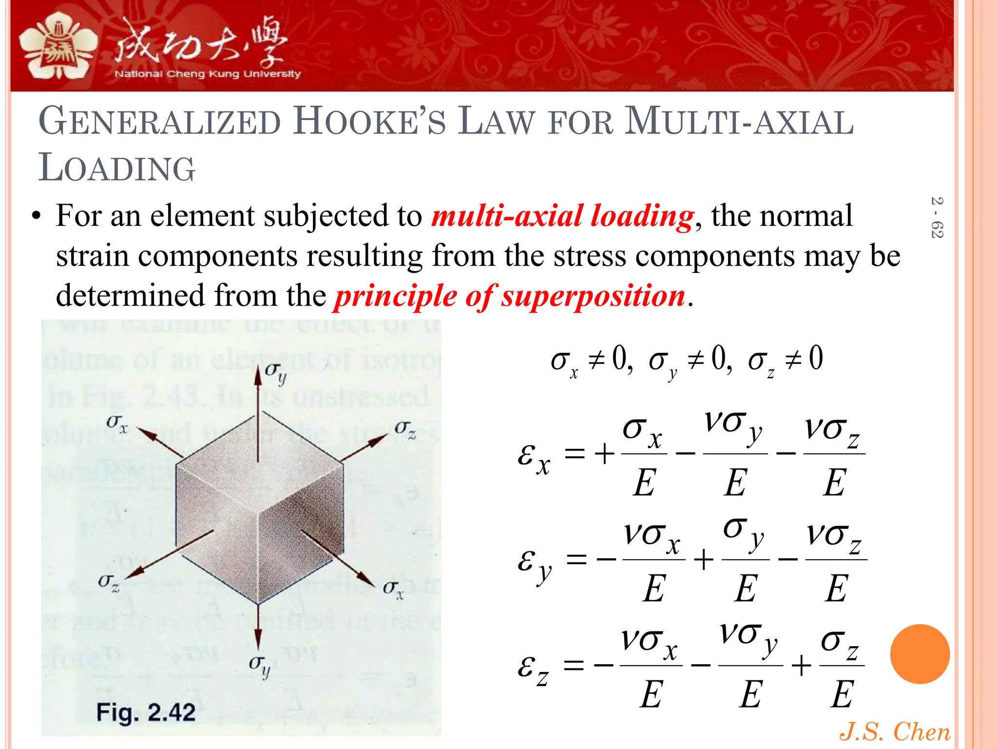 J.S. Chen
2
-
62
GENERALIZED HOOKE’S LAW FOR MULTI-AXIAL
LOADING
• For an element subjected to multi-axial loading, the normal
strain components resulting from the stress components may be
determined from the principle of superposition.
E
E
E
E
E
E
E
E
E
z
y
x
z
z
y
x
y
z
y
x
x












+
−
−
=
−
+
−
=
−
−
+
=
0, 0, 0
x y z
  
  
 