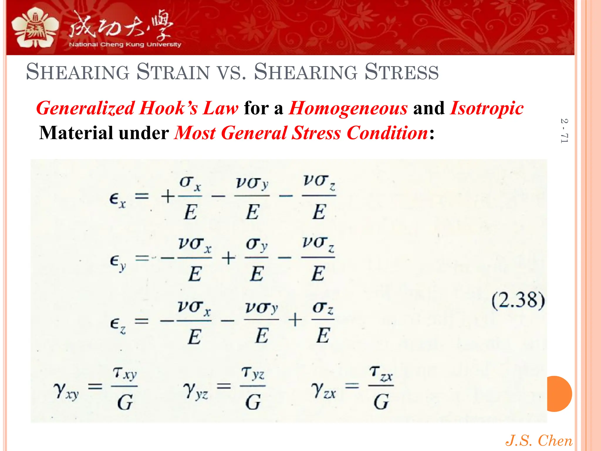 J.S. Chen
2
-
71
SHEARING STRAIN VS. SHEARING STRESS
Generalized Hook’s Law for a Homogeneous and Isotropic
Material under Most General Stress Condition:
 