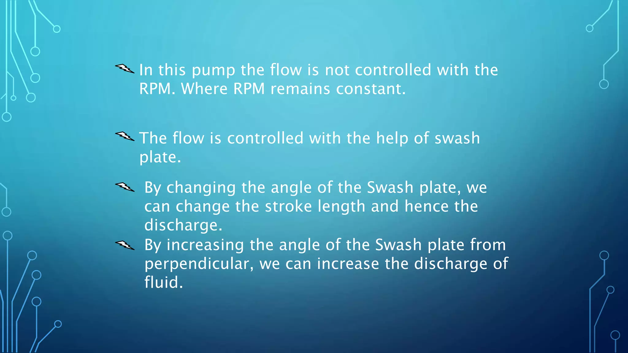 In this pump the flow is not controlled with the
RPM. Where RPM remains constant.
The flow is controlled with the help of swash
plate.
By changing the angle of the Swash plate, we
can change the stroke length and hence the
discharge.
By increasing the angle of the Swash plate from
perpendicular, we can increase the discharge of
fluid.
 