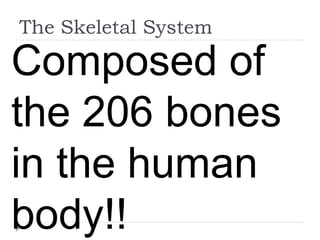 The Skeletal System

Composed of
the 206 bones
in the human
body!!
 