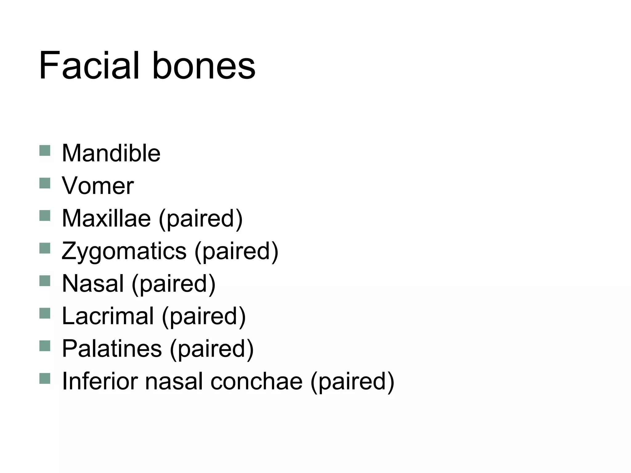 Facial bones
 Mandible
 Vomer
 Maxillae (paired)
 Zygomatics (paired)
 Nasal (paired)
 Lacrimal (paired)
 Palatines (paired)
 Inferior nasal conchae (paired)
 