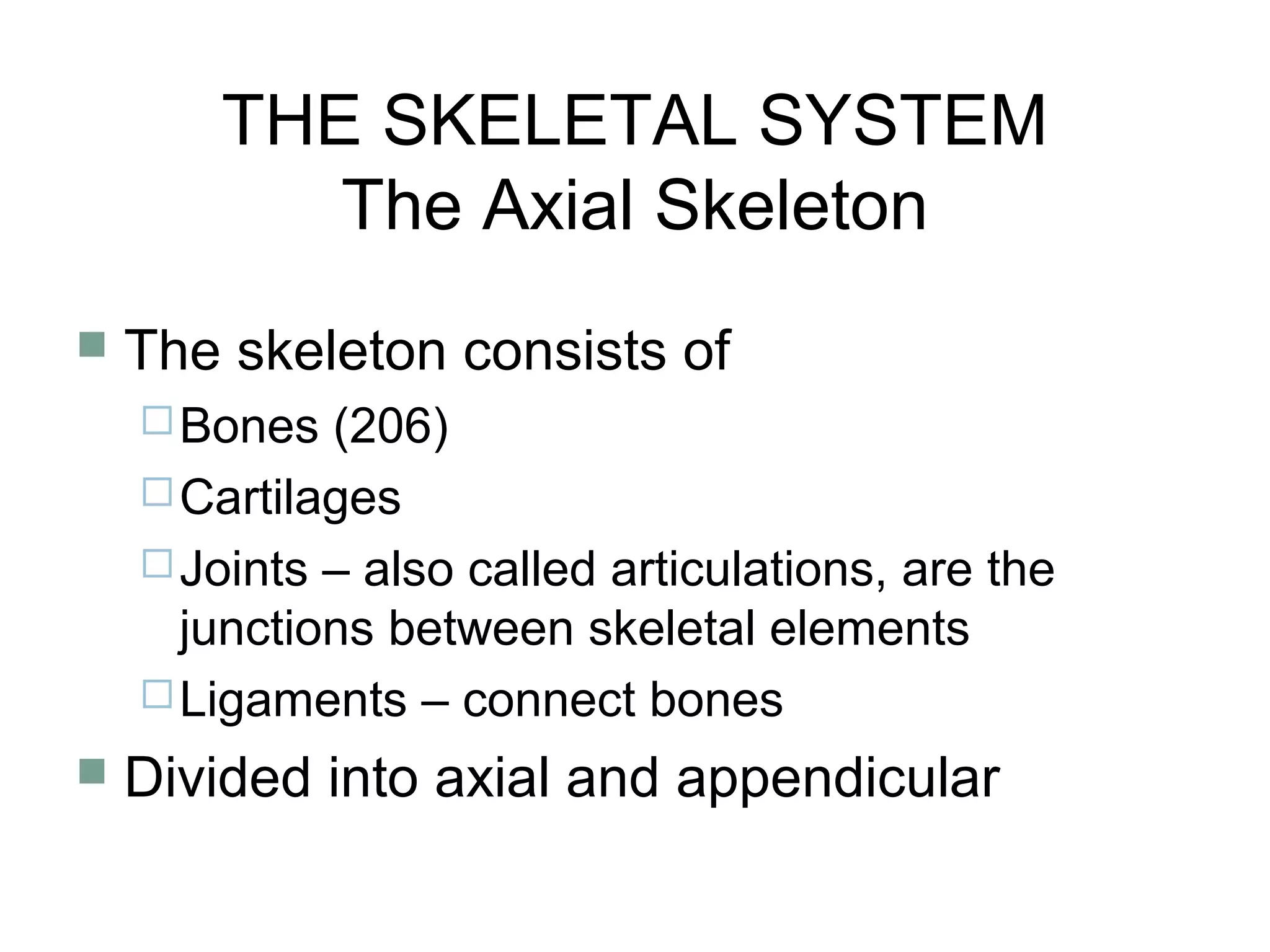 THE SKELETAL SYSTEM
The Axial Skeleton
 The skeleton consists of
Bones (206)
Cartilages
Joints – also called articulations, are the
junctions between skeletal elements
Ligaments – connect bones
 Divided into axial and appendicular
 