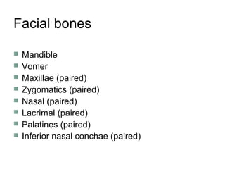 Facial bones
 Mandible
 Vomer
 Maxillae (paired)
 Zygomatics (paired)
 Nasal (paired)
 Lacrimal (paired)
 Palatines (paired)
 Inferior nasal conchae (paired)
 