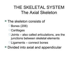 THE SKELETAL SYSTEM
The Axial Skeleton
 The skeleton consists of
Bones (206)
Cartilages
Joints – also called articulations, are the
junctions between skeletal elements
Ligaments – connect bones
 Divided into axial and appendicular
 