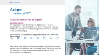 We begeleiden onze klanten op hun digitale reis en leveren
oplossingen en services op basis van onze verregaande expertise,
met focus op een breed scala aan segmenten en met de hoogste
niveaus van beveiliging.
Diepe kennis van onze focus segmenten zorgt voor relevante
oplossingen.
Elke sector staat voor specifieke vraagstukken, wij gaan de uitdaging
aan om deze op te lossen. Met onze diepe kennis van technologie en
het segment zijn onze experts in staat steeds weer de juiste
technologieën toe te passen.
Axians
…the best of ICT
WIE ZIJN WIJ
Axians in het hart van de digitale
transformatie.
 