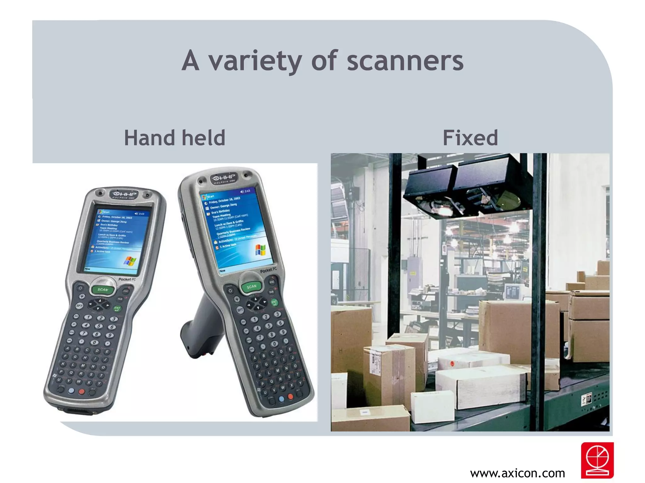 A variety of scanners
Hand held

Fixed

www.axicon.com

 