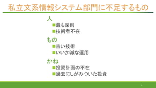 私立文系情報システム部門に不足するもの
人
最も深刻
技術者不在
もの
古い技術
いい加減な運用
かね
投資計画の不在
過去にしがみついた投資
6
 