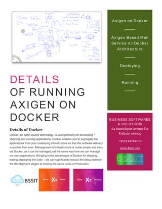DETAILS
OF RUNNING
AXIGEN ON
DOCKER
Details of Docker
Docker, an open source technology, is used primarily for developing /
shipping and running applications. Docker enables you to segregate the
applications from your underlying infrastructure so that the software delivery
is quicker than ever. Management of infrastructure is made simple and easy
via Docker, as it can be managed just the same way how we can manage
our own applications. Bringing in the advantages of Docker for shipping,
testing, deploying the code – we can significantly reduce the delay between
the development stages to hosting the same code on Production.
Axigen on Docker
────
Axigen Based Mail
Service on Docker
Architecture
────
Deploying
────
Running
────
BUSINESS SOFTWARES
& SOLUTIONS
64 Santoshpur Avenue D2
Kolkata 700075
+9133 24724013
www.bssit.net
 