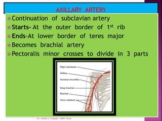  Continuation of subclavian artery
 Starts- At the outer border of 1st rib
 Ends-At lower border of teres major
 Becomes brachial artery
 Pectoralis minor crosses to divide in 3 parts
Dr. Sarika S. Chopde, TAMV, Pune
 