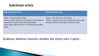 Subclavian artery
Scalenus Anterior muscles divides the artery into 3 parts :
Right subclavian artery Left subclavian artery
Origin : brachiocephalic artery
Course : arches upward and laterally over the pleura
and btw the sclaneus ant and med muscles
At the upper border of the 1st rib it becomes axillary
artery
Origin : arch of aorta in the thorax
Course : ascends to the root of the neck and arches
laterally similar to the right subclavian artery
 