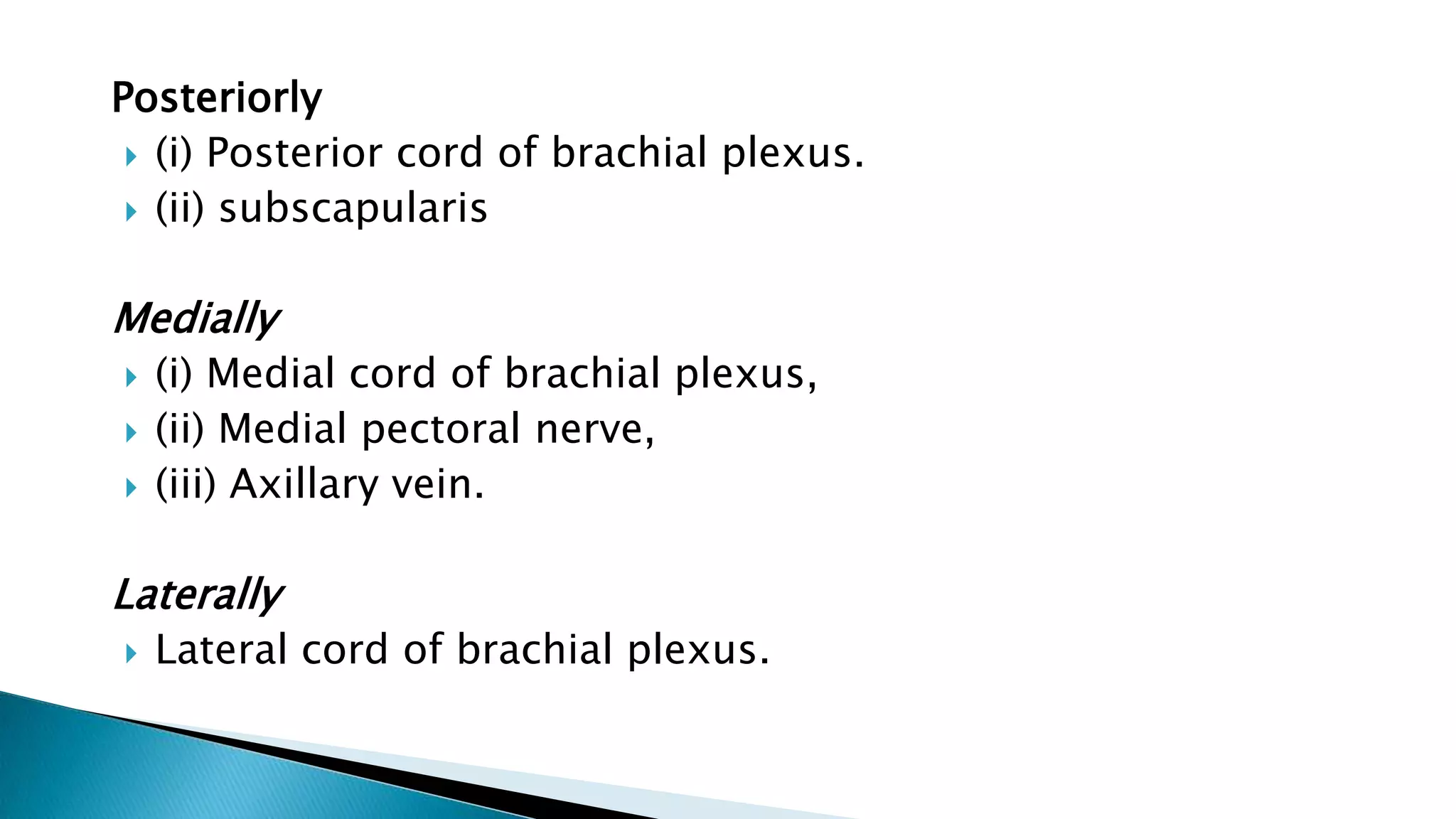 Posteriorly
 (i) Posterior cord of brachial plexus.
 (ii) subscapularis
Medially
 (i) Medial cord of brachial plexus,
 (ii) Medial pectoral nerve,
 (iii) Axillary vein.
Laterally
 Lateral cord of brachial plexus.
 