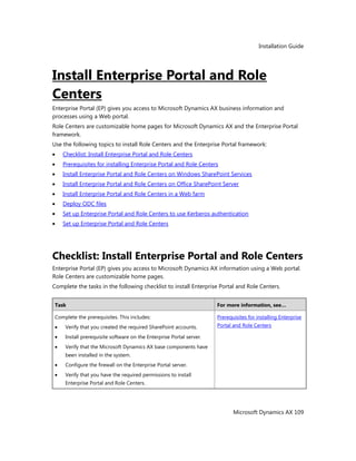 Installation Guide
Microsoft Dynamics AX 109
Install Enterprise Portal and Role
Centers
Enterprise Portal (EP) gives you access to Microsoft Dynamics AX business information and
processes using a Web portal.
Role Centers are customizable home pages for Microsoft Dynamics AX and the Enterprise Portal
framework.
Use the following topics to install Role Centers and the Enterprise Portal framework:
Checklist: Install Enterprise Portal and Role Centers
Prerequisites for installing Enterprise Portal and Role Centers
Install Enterprise Portal and Role Centers on Windows SharePoint Services
Install Enterprise Portal and Role Centers on Office SharePoint Server
Install Enterprise Portal and Role Centers in a Web farm
Deploy ODC files
Set up Enterprise Portal and Role Centers to use Kerberos authentication
Set up Enterprise Portal and Role Centers
Checklist: Install Enterprise Portal and Role Centers
Enterprise Portal (EP) gives you access to Microsoft Dynamics AX information using a Web portal.
Role Centers are customizable home pages.
Complete the tasks in the following checklist to install Enterprise Portal and Role Centers.
Task For more information, see…
Complete the prerequisites. This includes:
Verify that you created the required SharePoint accounts.
Install prerequisite software on the Enterprise Portal server.
Verify that the Microsoft Dynamics AX base components have
been installed in the system.
Configure the firewall on the Enterprise Portal server.
Verify that you have the required permissions to install
Enterprise Portal and Role Centers.
Prerequisites for installing Enterprise
Portal and Role Centers
 