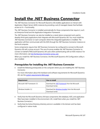 Installation Guide
Microsoft Dynamics AX 147
Install the .NET Business Connector
The .NET Business Connector for Microsoft Dynamics AX enables applications to interact with
Application Object Server (AOS) instances by providing a set of managed classes that facilitate
access to X++ functionality.
The .NET Business Connector is installed automatically for those components that require it, such
as Enterprise Portal and the Application Integration Framework.
The .NET Business Connector can also be installed as a stand-alone component and used to
develop third-party applications that integrate with Microsoft Dynamics AX. You must install the
.NET Business Connector on each computer where the integrated application is installed. The
application will then communicate with the AOS through the .NET Business Connector instance on
the local computer.
Some components require that .NET Business Connector be configured to connect to Microsoft
Dynamics AX with a proxy account. The use of a proxy enables the .NET Business Connector to
connect on behalf of Microsoft Dynamics AX users when authenticating with an AOS instance. For
more information, see Set the Business Connector proxy user.
When you install the .NET Business Connector, the Microsoft Dynamics AX Configuration utility is
also installed.
Prerequisites for installing the .NET Business Connector
Install the following prerequisites on the computer where you are installing the .NET Business
Connector.
For more information about the hardware and software requirements for Microsoft Dynamics
AX, see the system requirements Web page.
Requirement How to install
Microsoft .NET Framework 3.5 Download the .NET Framework from the Microsoft
Download Center.
Windows Installer 3.1 Download the Windows Installer from the Microsoft
Download Center.
Verify that the Microsoft Dynamics AX base components (the database, AOS, and application
files) have been installed in the environment. (Or, install them when you install the .NET
Business Connector.)
Verify that the Active Directory directory service is available in the domain and has been
configured in native mode.
 
