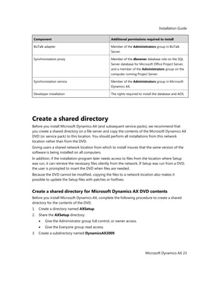 Installation Guide
Microsoft Dynamics AX 23
Component Additional permissions required to install
BizTalk adapter Member of the Administrators group in BizTalk
Server.
Synchronization proxy Member of the dbowner database role on the SQL
Server database for Microsoft Office Project Server,
and a member of the Administrators group on the
computer running Project Server.
Synchronization service Member of the Administrators group in Microsoft
Dynamics AX.
Developer installation The rights required to install the database and AOS.
Create a shared directory
Before you install Microsoft Dynamics AX (and subsequent service packs), we recommend that
you create a shared directory on a file server and copy the contents of the Microsoft Dynamics AX
DVD (or service pack) to this location. You should perform all installations from this network
location rather than from the DVD.
Giving users a shared network location from which to install insures that the same version of the
software is being installed on all computers.
In addition, if the installation program later needs access to files from the location where Setup
was run, it can retrieve the necessary files silently from the network. If Setup was run from a DVD,
the user is prompted to insert the DVD when files are needed.
Because the DVD cannot be modified, copying the files to a network location also makes it
possible to update the Setup files with patches or hotfixes.
Create a shared directory for Microsoft Dynamics AX DVD contents
Before you install Microsoft Dynamics AX, complete the following procedure to create a shared
directory for the contents of the DVD.
1. Create a directory named AXSetup.
2. Share the AXSetup directory:
Give the Administrator group full control, or owner access.
Give the Everyone group read access.
3. Create a subdirectory named DynamicsAX2009.
 