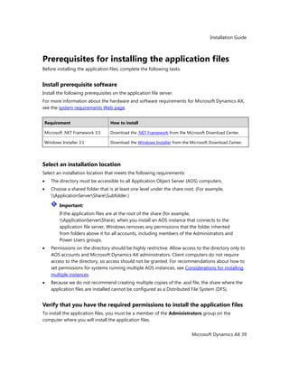 Installation Guide
Microsoft Dynamics AX 39
Prerequisites for installing the application files
Before installing the application files, complete the following tasks.
Install prerequisite software
Install the following prerequisites on the application file server.
For more information about the hardware and software requirements for Microsoft Dynamics AX,
see the system requirements Web page.
Requirement How to install
Microsoft .NET Framework 3.5 Download the .NET Framework from the Microsoft Download Center.
Windows Installer 3.1 Download the Windows Installer from the Microsoft Download Center.
Select an installation location
Select an installation location that meets the following requirements:
The directory must be accessible to all Application Object Server (AOS) computers.
Choose a shared folder that is at least one level under the share root. (For example,
ApplicationServerShareSubfolder.)
Important:
If the application files are at the root of the share (for example,
ApplicationServerShare), when you install an AOS instance that connects to the
application file server, Windows removes any permissions that the folder inherited
from folders above it for all accounts, including members of the Administrators and
Power Users groups.
Permissions on the directory should be highly restrictive. Allow access to the directory only to
AOS accounts and Microsoft Dynamics AX administrators. Client computers do not require
access to the directory, so access should not be granted. For recommendations about how to
set permissions for systems running multiple AOS instances, see Considerations for installing
multiple instances.
Because we do not recommend creating multiple copies of the .aod file, the share where the
application files are installed cannot be configured as a Distributed File System (DFS).
Verify that you have the required permissions to install the application files
To install the application files, you must be a member of the Administrators group on the
computer where you will install the application files.
 