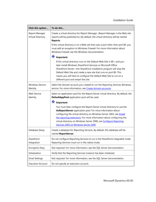 Installation Guide
Microsoft Dynamics AX 85
Click this option… To do this…
Report Manager
Virtual Directory
Create a virtual directory for Report Manager. (Report Manager is the Web site
reports will be published to.) By default, the virtual directory will be named
Reports.
If this virtual directory is on a Web site that uses a port other than port 80, you
must add an exception to Windows Firewall. For more information about
Windows Firewall, see the Windows documentation.
Important:
If this virtual directory runs on the Default Web Site in IIS—and you
later install Windows SharePoint Services or Microsoft Office
SharePoint Server—the SharePoint installation program will stop the
Default Web Site and create a new site that runs on port 80. This
means you will have to configure the Default Web Site to run on a
different port and restart the site.
Windows Service
Identity
Select the domain account you created to run the Reporting Services Windows
service. For more information, see Create domain accounts.
Web Service
Identity
Select an application pool for the Report Server virtual directory. By default, the
DefaultAppPool application pool will be used.
Important:
You must later configure the Report Server virtual directory to use the
AxReportServer application pool. For more information about
configuring the virtual directory on Windows Server 2003, see Install
the reporting extensions. For more information about configuring the
virtual directory on Windows Server 2008, see Configure Reporting
Services 2005 on Windows Server 2008.
Database Setup Create a database for Reporting Services. By default, this database will be
named ReportServer.
SharePoint
Integration
Do not configure Reporting Services to run in the SharePoint integrated mode.
Reporting Services must run in the native mode.
Encryption Keys Not required. For more information, see the SQL Server documentation.
Initialization Verify that the Reporting Services instance has been initialized.
Email Settings Not required. For more information, see the SQL Server documentation.
Execution Account Do not specify an execution account.
 