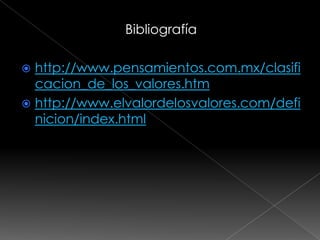 Bibliografía

 http://www.pensamientos.com.mx/clasifi
  cacion_de_los_valores.htm
 http://www.elvalordelosvalores.com/defi
  nicion/index.html
 