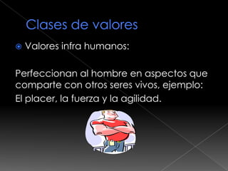    Valores infra humanos:

Perfeccionan al hombre en aspectos que
comparte con otros seres vivos, ejemplo:
El placer, la fuerza y la agilidad.
 