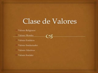  Valores Religiosos
Valores Morales
Valores Estéticos
Valores Intelectuales
Valores Afectivos
Valores Sociales