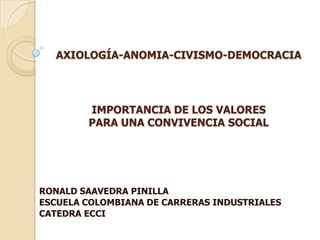 AXIOLOGÍA-ANOMIA-CIVISMO-DEMOCRACIA




        IMPORTANCIA DE LOS VALORES
        PARA UNA CONVIVENCIA SOCIAL




RONALD SAAVEDRA PINILLA
ESCUELA COLOMBIANA DE CARRERAS INDUSTRIALES
CATEDRA ECCI
 