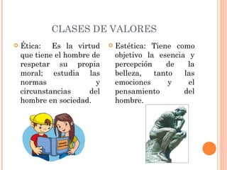 CLASES DE VALORES Ética:  Es la virtud que tiene el hombre de respetar su propia moral; estudia las normas y circunstancias del hombre en sociedad. Estética: Tiene como objetivo la esencia y percepción de la belleza, tanto las emociones y el pensamiento del hombre. 