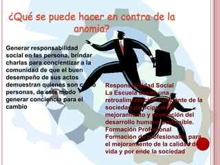HistoriaDurkheim postuló que la anomia o anomía es el mal que sufre una sociedad a causa de la ausencia de reglas morales y jurídicas, ausencia que se debe al desequilibrio económico o al debilitamiento de sus instituciones, y que implica un bajo grado de integración.En El suicidio: un estudio sociológico (1897), analizó la relación del individuo con las normas y valores de la sociedad en la que vive, y su aceptación e interiorización. Para Durkheim, la anomia es mayor cuando los vínculos que unen a los individuos con los grupos sociales o colectividades no son fuertes ni constantes.