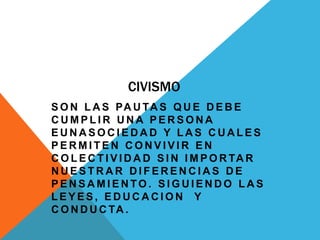 CIVISMO
S O N L A S PA U TA S Q U E D E B E
CUMPLIR UNA PERSONA
EUNASOCIEDAD Y LAS CUALES
PERMITEN CONVIVIR EN
C O L E C T I V I D A D S I N I M P O R TA R
NUESTRAR DIFERENCIAS DE
PENSAMIENTO. SIGUIENDO LAS
LEYES, EDUCACION Y
C O N D U C TA .
 