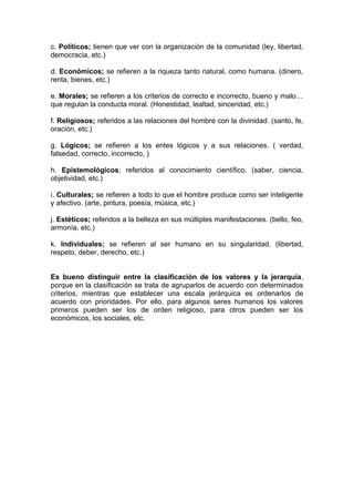 c. Políticos; tienen que ver con la organización de la comunidad (ley, libertad,
democracia, etc.)

d. Económicos; se refieren a la riqueza tanto natural, como humana. (dinero,
renta, bienes, etc.)

e. Morales; se refieren a los criterios de correcto e incorrecto, bueno y malo…
que regulan la conducta moral. (Honestidad, lealtad, sinceridad, etc.)

f. Religiosos; referidos a las relaciones del hombre con la divinidad. (santo, fe,
oración, etc.)

g. Lógicos; se refieren a los entes lógicos y a sus relaciones. ( verdad,
falsedad, correcto, incorrecto, )

h. Epistemológicos; referidos al conocimiento científico. (saber, ciencia,
objetividad, etc.)

i. Culturales; se refieren a todo lo que el hombre produce como ser inteligente
y afectivo. (arte, pintura, poesía, música, etc.)

j. Estéticos; referidos a la belleza en sus múltiples manifestaciones. (bello, feo,
armonía, etc.)

k. Individuales; se refieren al ser humano en su singularidad. (libertad,
respeto, deber, derecho, etc.)


Es bueno distinguir entre la clasificación de los valores y la jerarquía,
porque en la clasificación se trata de agruparlos de acuerdo con determinados
criterios, mientras que establecer una escala jerárquica es ordenarlos de
acuerdo con prioridades. Por ello, para algunos seres humanos los valores
primeros pueden ser los de orden religioso, para otros pueden ser los
económicos, los sociales, etc.
 