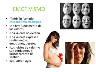 EMOTIVISMO 
• -También llamado 
escepticismo axiológico 
• -No hay fundamento de 
los valores. 
• -Los valores no existen. 
• -Los valores expresan 
sentimientos, 
emociones, deseos. 
• -Los juicios de valor no 
son verdaderos ni 
falsos: carecen de 
sentido 
• Rep: Alfred Ayer 
 