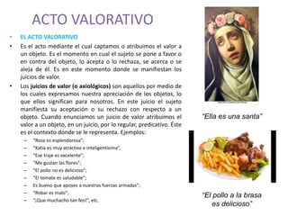 ACTO VALORATIVO 
• EL ACTO VALORATIVO 
• Es el acto mediante el cual captamos o atribuimos el valor a 
un objeto. Es el momento en cual el sujeto se pone a favor o 
en contra del objeto, lo acepta o lo rechaza, se acerca o se 
aleja de él. Es en este momento donde se manifiestan los 
juicios de valor. 
• Los juicios de valor (o axiológicos) son aquellos por medio de 
los cuales expresamos nuestra apreciación de los objetos, lo 
que ellos significan para nosotros. En este juicio el sujeto 
manifiesta su aceptación o su rechazo con respecto a un 
objeto. Cuando enunciamos un juicio de valor atribuimos el 
valor a un objeto, en un juicio, por lo regular, predicativo. Éste 
es el contexto donde se le representa. Ejemplos: 
– “Rosa es esplendorosa”; 
– “Katia es muy atractiva e inteligentísima”, 
– “Ese traje es excelente”; 
– “Me gustan las flores”; 
– “El pollo no es delicioso”; 
– “El tomate es saludable”; 
– Es bueno que apoyes a nuestras fuerzas armadas”; 
– “Robar es malo”; 
– “¡Que muchacho tan feo!”, etc. 
“Ella es una santa” 
“El pollo a la brasa 
es delicioso” 
 