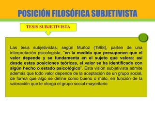 POSICIÓN FILOSÓFICA SUBJETIVISTA
TESIS SUBJETIVISTA
Las tesis subjetivistas, según Muñoz (1998), parten de una
interpretación psicologista, “en la medida que presuponen que el
valor depende y se fundamenta en el sujeto que valora: así
desde estas posiciones teóricas, el valor se ha identificado con
algún hecho o estado psicológico”. Esta visión subjetivista admite
además que todo valor depende de la aceptación de un grupo social,
de forma que algo se define como bueno o malo, en función de la
valoración que le otorga el grupo social mayoritario
 