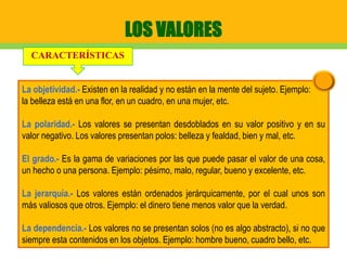 LOS VALORES
La objetividad.- Existen en la realidad y no están en la mente del sujeto. Ejemplo:
la belleza está en una flor, en un cuadro, en una mujer, etc.
La polaridad.- Los valores se presentan desdoblados en su valor positivo y en su
valor negativo. Los valores presentan polos: belleza y fealdad, bien y mal, etc.
El grado.- Es la gama de variaciones por las que puede pasar el valor de una cosa,
un hecho o una persona. Ejemplo: pésimo, malo, regular, bueno y excelente, etc.
La jerarquía.- Los valores están ordenados jerárquicamente, por el cual unos son
más valiosos que otros. Ejemplo: el dinero tiene menos valor que la verdad.
La dependencia.- Los valores no se presentan solos (no es algo abstracto), si no que
siempre esta contenidos en los objetos. Ejemplo: hombre bueno, cuadro bello, etc.
CARACTERÍSTICAS
 