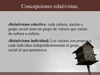 Concepciones relativistas.


●Relativismo colectivo: cada cultura, nación o
grupo social tiene un grupo de valores que varían
de cultura a cultura.
●Relativismo individual: Los valores son propios a
cada individuo independientemente al grupo
social al que pertenezca.
 