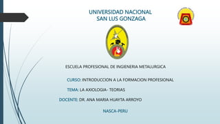 UNIVERSIDAD NACIONAL
SAN LUS GONZAGA
ESCUELA PROFESIONAL DE INGIENERIA METALURGICA
CURSO: INTRODUCCION A LA FORMACION PROFESIONAL
TEMA: LA AXIOLOGIA- TEORIAS
DOCENTE: DR. ANA MARIA HUAYTA ARROYO
NASCA-PERU
 