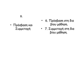 Β. Πρόσβαση και Συμμετοχή 6. Πρόσβαση στη δια βίου μάθηση. 7. Συμμετοχή στη δια βίου μάθηση.  