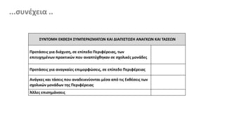 ΣΥΝΤΟΜΗ ΕΚΘΕΣΗ ΣΥΜΠΕΡΑΣΜΑΤΩΝ ΚΑΙ ΔΙΑΠΙΣΤΩΣΗ ΑΝΑΓΚΩΝ ΚΑΙ ΤΑΣΕΩΝ
Προτάσεις για διάχυση, σε επίπεδο Περιφέρειας, των
επιτυχημένων πρακτικών που αναπτύχθηκαν σε σχολικές μονάδες
Προτάσεις για αναγκαίες επιμορφώσεις, σε επίπεδο Περιφέρειας
Ανάγκες και τάσεις που αναδεικνύονται μέσα από τις Εκθέσεις των
σχολικών μονάδων της Περιφέρειας
Άλλες επισημάνσεις
...συνέχεια ..
 