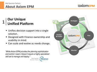 Key Success Factors
About Axiom EPM
Our Unique
Unified Platform1
Steve Esposito
Director, Finance
Strategize
Plan
Monitor
Analyze
& Predict
“While Axiom EPM provides the planning sophistication
and control I need; it doesn’t require a highly specialized
skill set to manage and deploy.”
 Unifies decision support into a single
solution.
 Designed with Finance ownership and
usability in mind.
 Can scale and evolve as needs change.
 