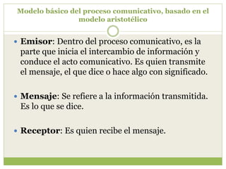 Modelo básico del proceso comunicativo, basado en el
modelo aristotélico
 Emisor: Dentro del proceso comunicativo, es la
parte que inicia el intercambio de información y
conduce el acto comunicativo. Es quien transmite
el mensaje, el que dice o hace algo con significado.
 Mensaje: Se refiere a la información transmitida.
Es lo que se dice.
 Receptor: Es quien recibe el mensaje.
 