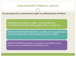 COMUNICACIÓN VERBAL O DIGITAL
Los mensajes de la comunicación según su calidad pueden dividirse:
MENSALES CLAROS: cuando el contenido de la
comunicación no deja dudas.(padre dice: «te quiero»)
MENSAJES ENMASCARADOS: aquellos cuyos significados
están escondidos(los niños limpios merecen cariño).
MENSAJES DEZPLAZADOS: en apariencia van dirigidos a una
persona, pero en realidad están destinados a otra.
 