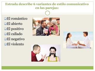 Estrada describe 6 variantes de estilo comunicativo
en las parejas:
El romántico
El abierto
El positivo
El callado
El negativo
El violento
 