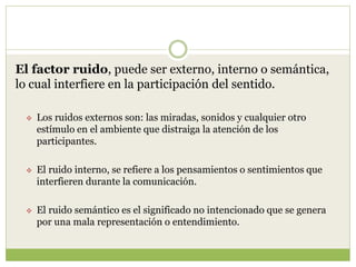 El factor ruido, puede ser externo, interno o semántica,
lo cual interfiere en la participación del sentido.
 Los ruidos externos son: las miradas, sonidos y cualquier otro
estímulo en el ambiente que distraiga la atención de los
participantes.
 El ruido interno, se refiere a los pensamientos o sentimientos que
interfieren durante la comunicación.
 El ruido semántico es el significado no intencionado que se genera
por una mala representación o entendimiento.
 