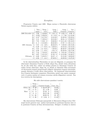 Exemplum.
   Proponatur Cometa anni 1680. Hujus motum ` Flamstedio observatum
                                            a
Tabula sequens exhibet.

                      Tem.      Temp.            Long.        Long.        Lat.
                     appar.       ver¯
                                     u             Solis    Cometæ     Cometæ
1680 December 12      4.46     4.46.00          1.53. 2      6.33. 0    8.26. 0
              21      6.32 1
                           2   6.36.59         11. 8.10      5. 7.38   21.45.30
              24      6.12     6.17.52         14.10.49     18.49.10   25.23.24
              26      5.14     5.20.44         16.10.38     28.24. 6   27.00.57
              29      7.55     8.03. 2         19.20.56     13.11.45   28.10.05
              30      8. 2     8.10.26         20.22.20     17.37. 5   28.11.12
 1681 January 5       5.51     6. 1.38         26.23.19      8.49.10   26.15.26
               9      6.49     7. 0.53          0.29.54     18.43.18   24.12.42
              10      5.54     6. 6.10          1.28.34     20.40.57   23.44.00
              13      6.56     7. 8.55          4.34. 6     25.59.34   22.17.36
              25      7.44     7.58.42         16.45.58      9.55.48   17.56.54
              30      8.07     8.21.53         21.50. 9     13.19.36   16.40.57
     February 2       6.20     6.34.51         24.47. 4     15.13.48   16.02.02
               5      6.50     7. 4.41         27.49.51     16.59.52   15.27.23

    In his observationibus Flamstedius eˆ usus est diligentiˆ, ut postquam bis
                                         a                  a
observasset distantiam Cometæ ` Stella aliqua ﬁxa, deinde etiam distantiam
                                 a
bis ab alia stella ﬁxa, rediret ad stellam priorem & distantiam Cometæ ab
eadem iterum observaret, idque bis, ac deinde ex distantiæ illius incremento
vel decremento tempori proportionali colligeret distantiam tempore intermedio,
quando distantia ` stella altera observabatur. Ex hujusmodi observationibus
                   a
loca Cometæ festinanter computata Flamstedius prim` cum amicis communi-
                                                        o
cavit, & postea easdem ad examen revocatas calculo diligentiore correxit. Nos
loca correcta hic descripsimus.

                   His adde observationes quasdam ` nostris.
                                                  e

                Temp.
                appar.   Cometæ Longit.         Com. Lat.
                                                        7
   Febru. 25    8h .30        26.19 .22           12.46 8
          27    8 .15         27. 4 .28           12.36
                                                        3
    Mart. 1    11 . 0         27.53 . 8           12.24 4
                                                        1
           2    8 . 0         28.12 .29           12.19 2
                                                        2
           5   11 .30         29.20 .51           12. 2 3
                                                        3
           9    8 .30          0.43. 2            11.44 5

   Hæ observationes Telescopio septupedali, & Micrometro ﬁlisque in foco Tele-
scopii locatis paractæ sunt: quibus instrumentis & positiones ﬁxarum inter se
& positiones Cometæ ad ﬁxas determinavimus. Designet A stellam in sinistro


                                         293
 