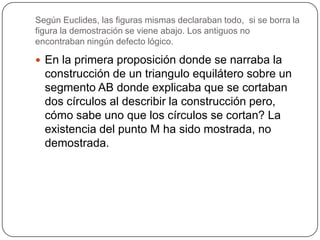 Según Euclides, las figuras mismas declaraban todo,  si se borra la figura la demostración se viene abajo. Los antiguos no encontraban ningún defecto lógico. En la primera proposición donde se narraba la construcción de un triangulo equilátero sobre un segmento AB donde explicaba que se cortaban dos círculos al describir la construcción pero, cómo sabe uno que los círculos se cortan? La existencia del punto M ha sido mostrada, no demostrada.