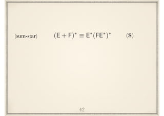42
(sum-star) (E + F)⇤
⌘ E⇤
(FE⇤
)⇤
(S)
 