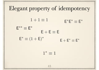 Elegant property of idempotency
43
E + E ⌘ E
1⇤
⌘ 1
E⇤
E⇤
⌘ E⇤
E⇤⇤
⌘ E⇤
E + E⇤
⌘ E⇤E⇤
⌘ (1 + E)⇤
1 + 1 ⌘ 1
 